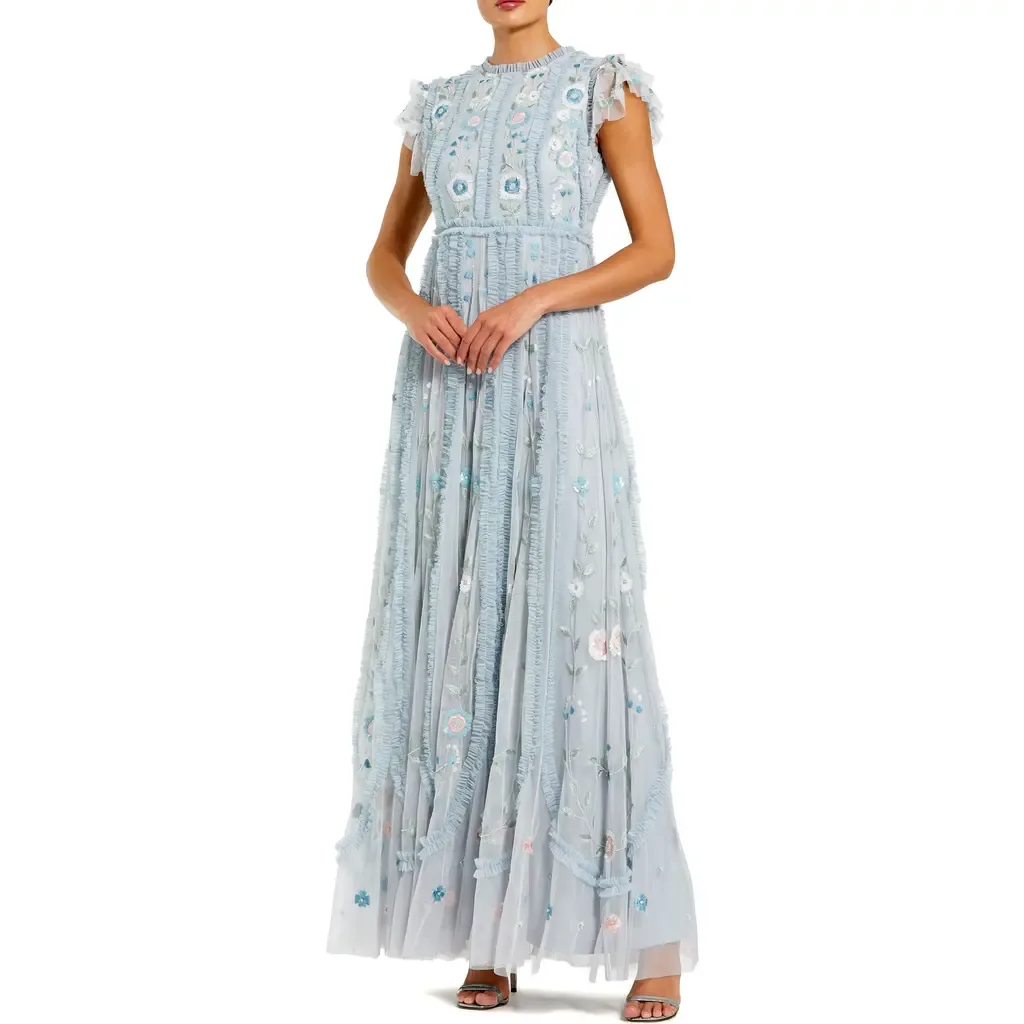 Floral Embroidered Flutter Sleeve Maxi Gown by Mac Duggal