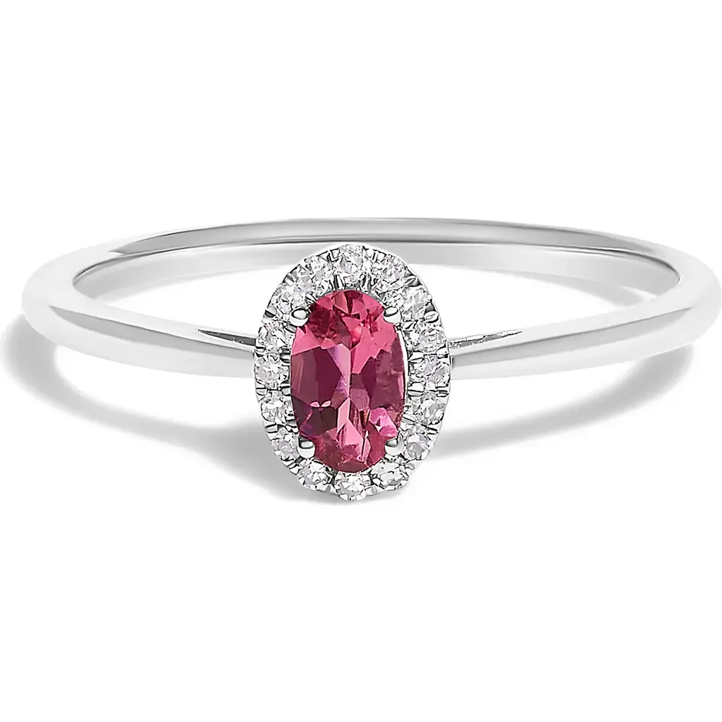 10K White Gold Oval and Diamond Accent Halo Birthstone Ring in Pink Tourmaline by Haus of Brilliance