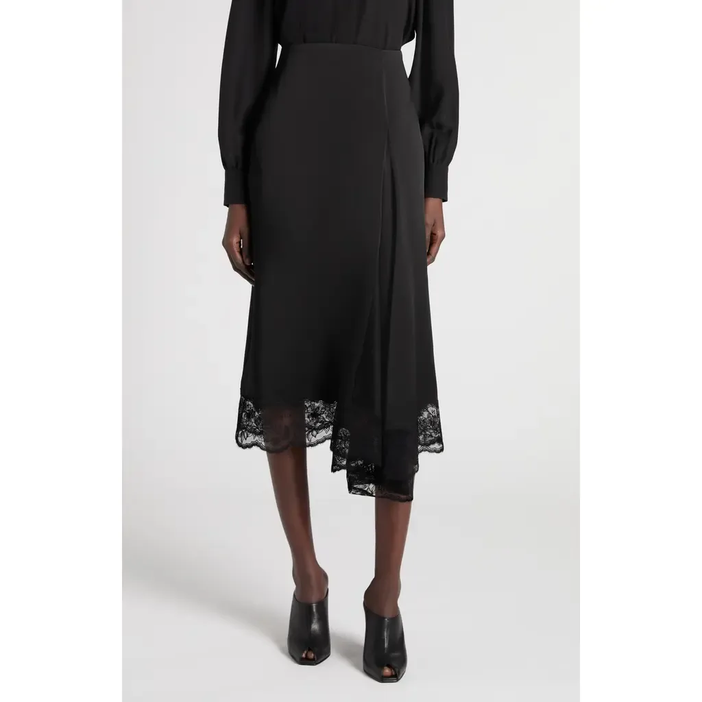 Lace Trim Asymmetric Silk Skirt