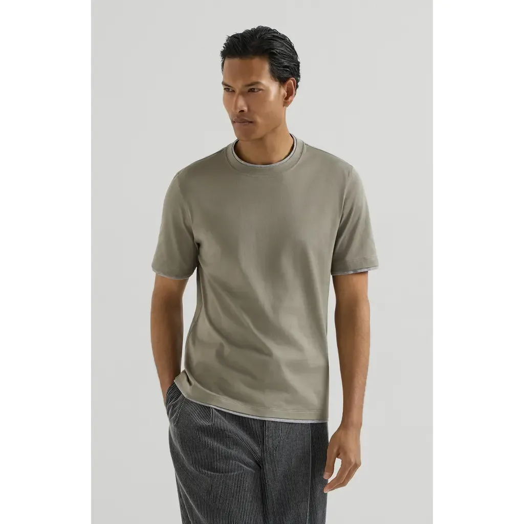 Cotton Jersey Crew Neck T-Shirt with Faux-Layering by Brunello Cucinelli