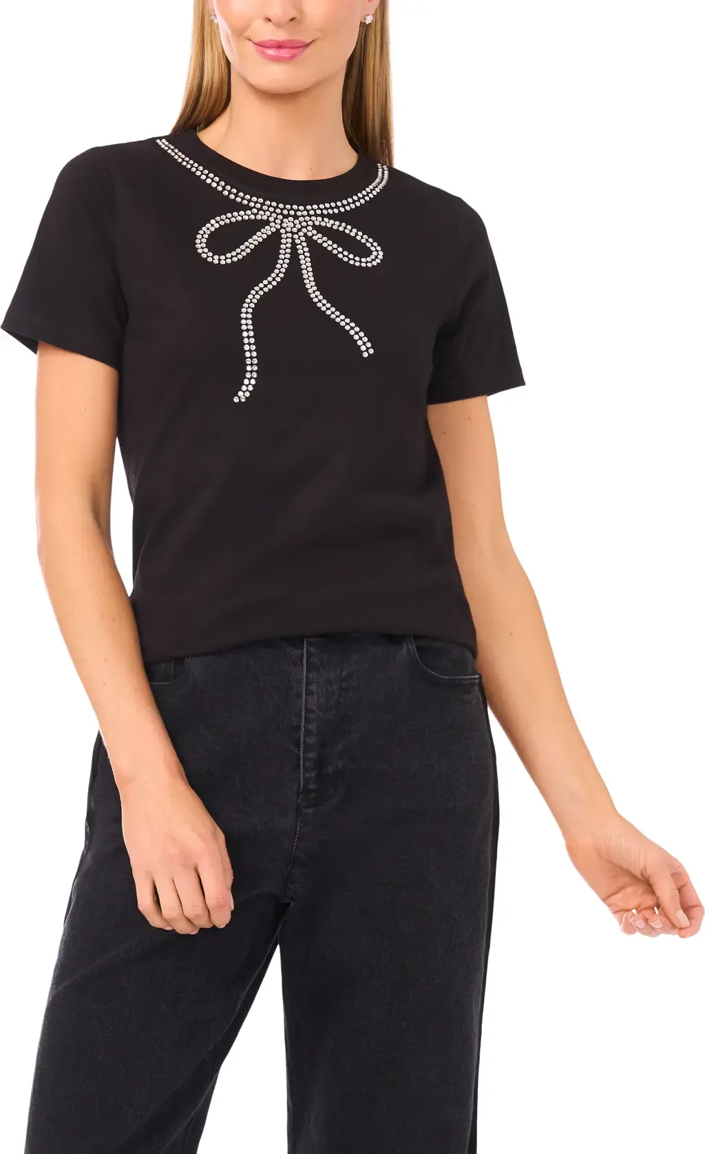 Rhinestone Bow Embellished Cotton T-Shirt
