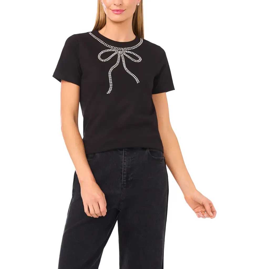 Rhinestone Bow Embellished Cotton T-Shirt