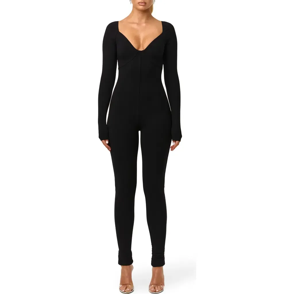 Faux Bustier Ribbed Long Sleeve Jumpsuit by Naked Wardrobe