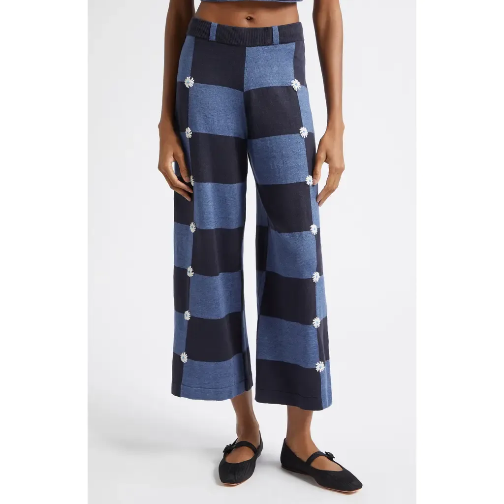 Daisy Intarsia Check Linen Blend Wide Leg Pants - Denim by YanYan