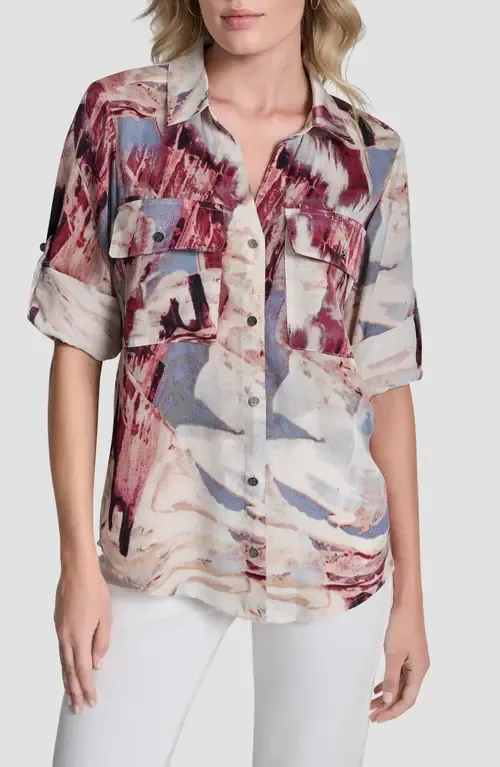 Abstract Print Roll-Tab Sleeve Button-Up Shirt by DKNY