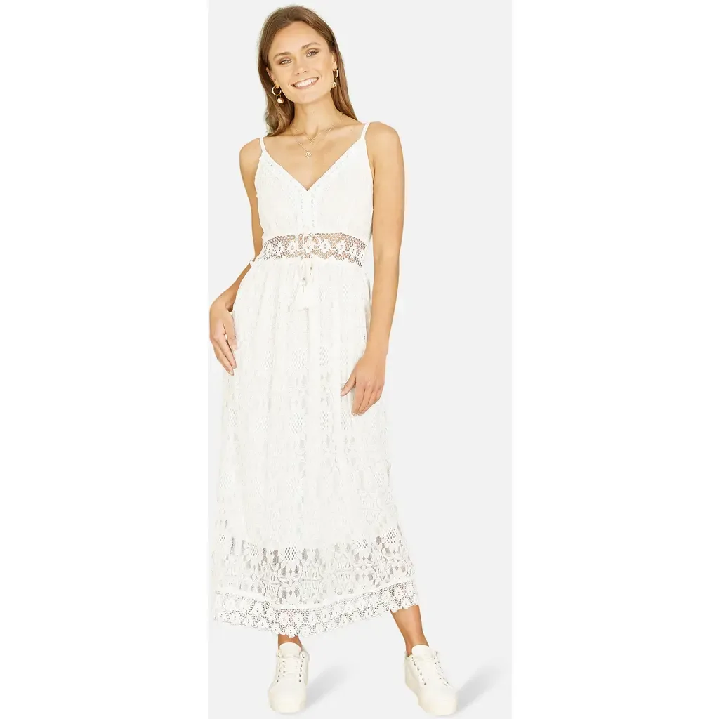 Lace Embroidered Tassel Tie Midi Dress by Yumi