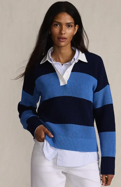 Drifter Rugby with Woven Collar Sweater by Lands' End