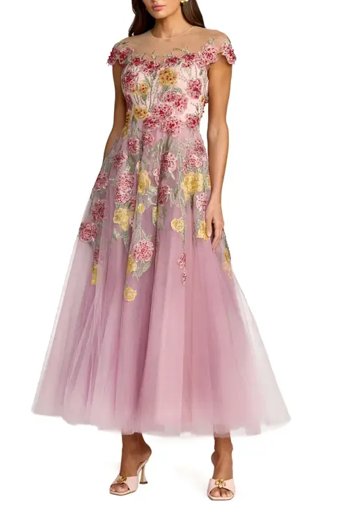 Embroidered Mesh Illusion Neck Cap Sleeve Dress