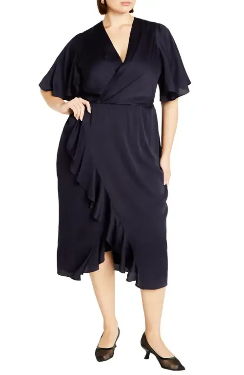 Holland Sateen Faux Wrap Midi Dress by City Chic