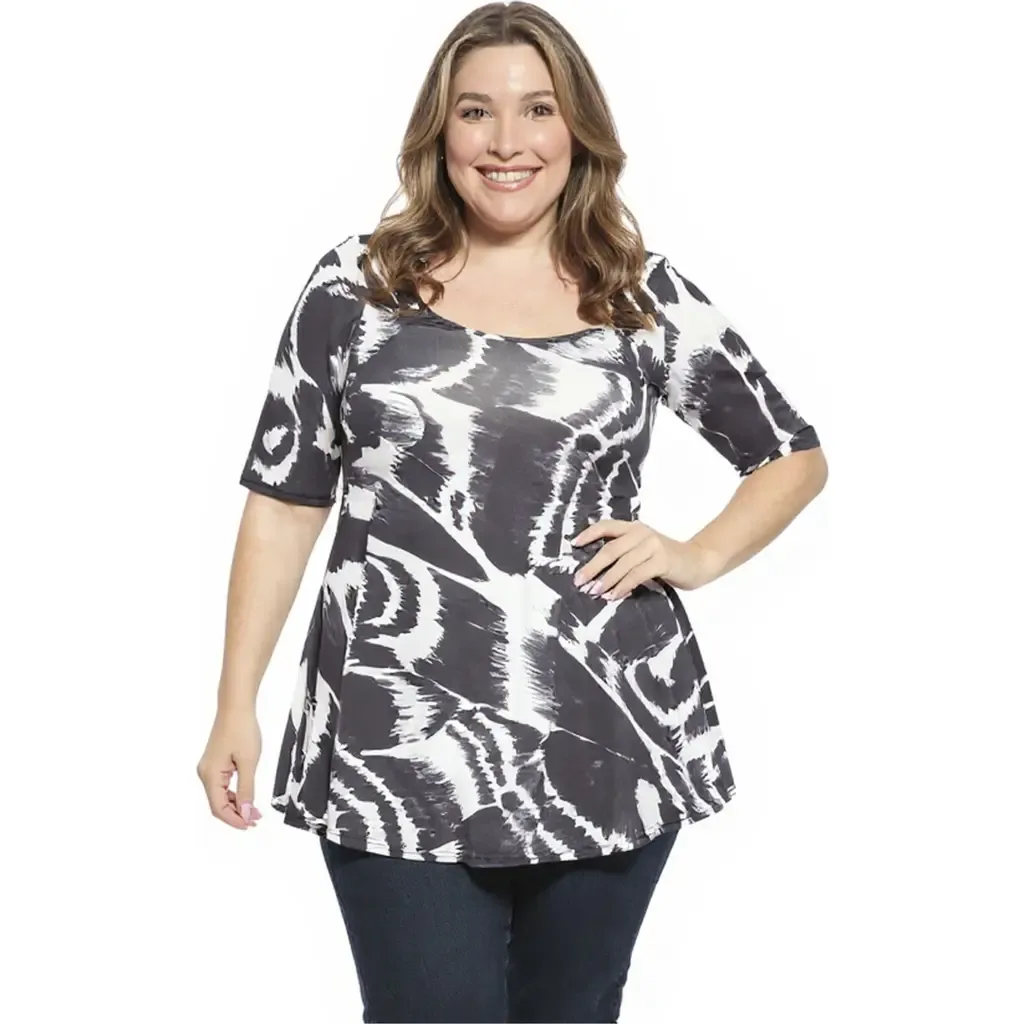 Abstract Scoop Neck Elbow Sleeve Tunic Top