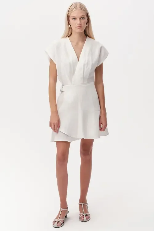 Callanne V Neck Cap Sleeve Linen Mini Dress by Exquise