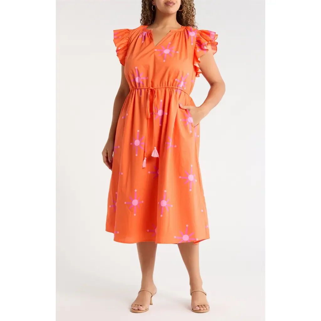 Karani Starburst Flutter Sleeve Tie Waist Midi Dress by SUGARLIPS