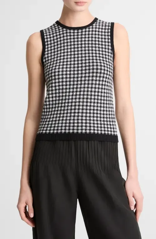 Gingham Check Sleeveless Wool & Cotton Blend Sweater by Vince