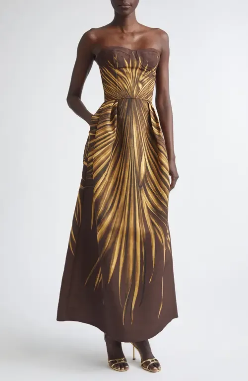 Palm Print Strapless Faille Dress by Oscar de la Renta