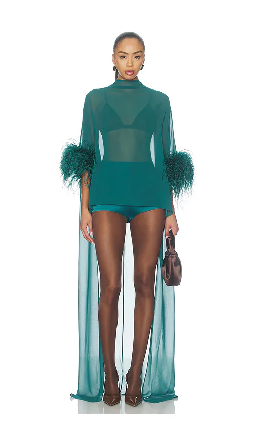 Lightweight Georgette High Low Mock Neck Top with Feathers by LaPointe