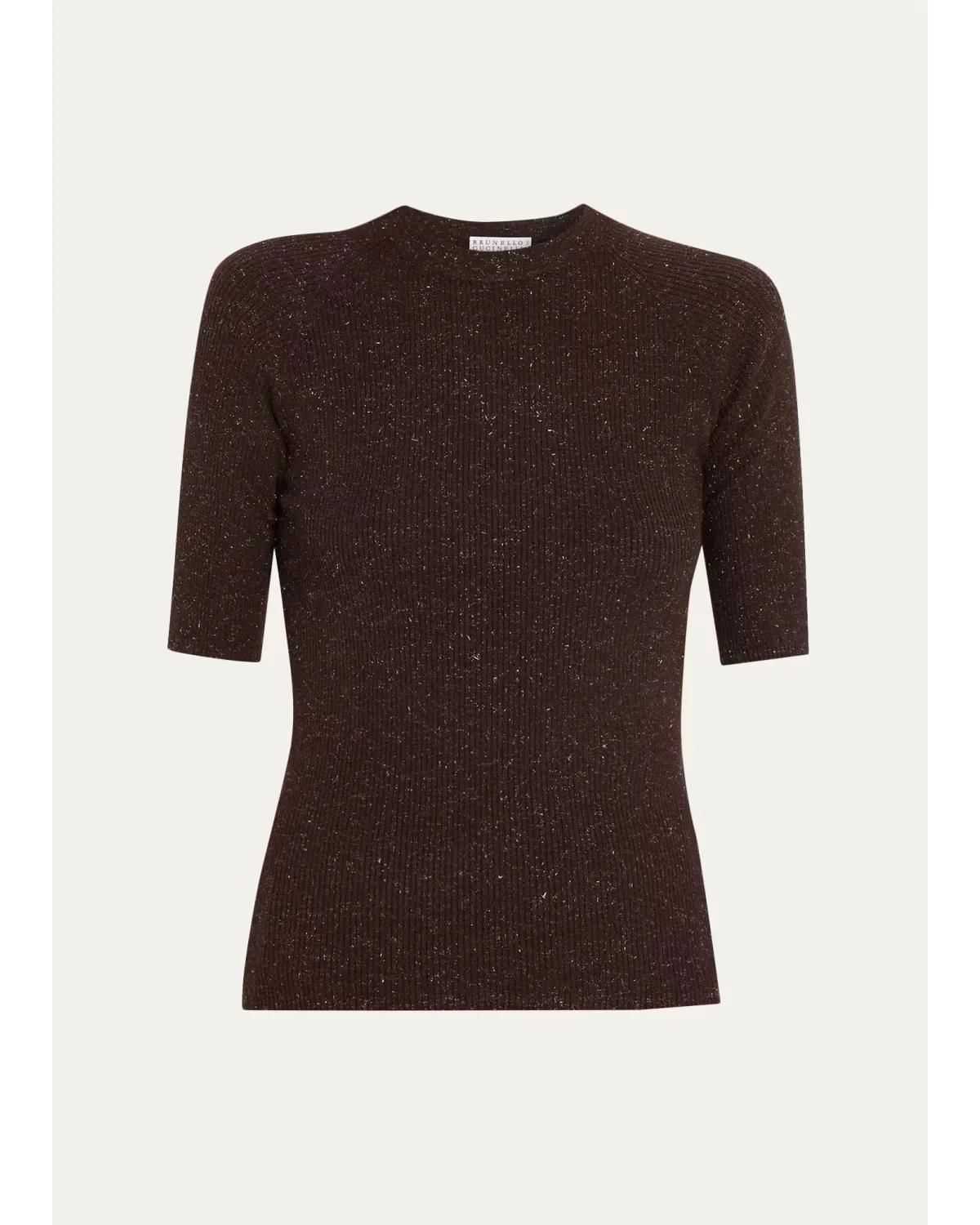 Metallic Rib Short-Sleeve Crewneck Sweater by Brunello Cucinelli