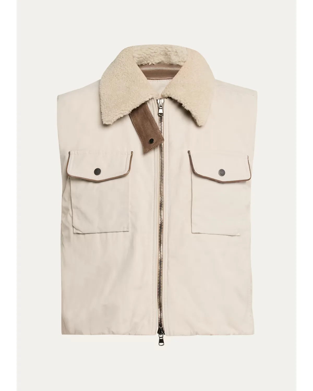 Lamb Shearling Collar Techno Satin Padded Vest by Brunello Cucinelli