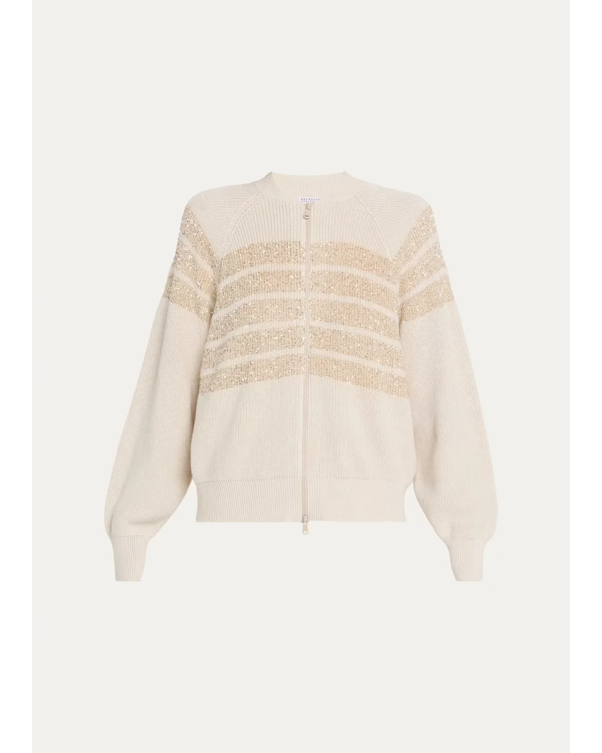 Sequin Striped Cotton Knit Zip-Up Cardigan by Brunello Cucinelli