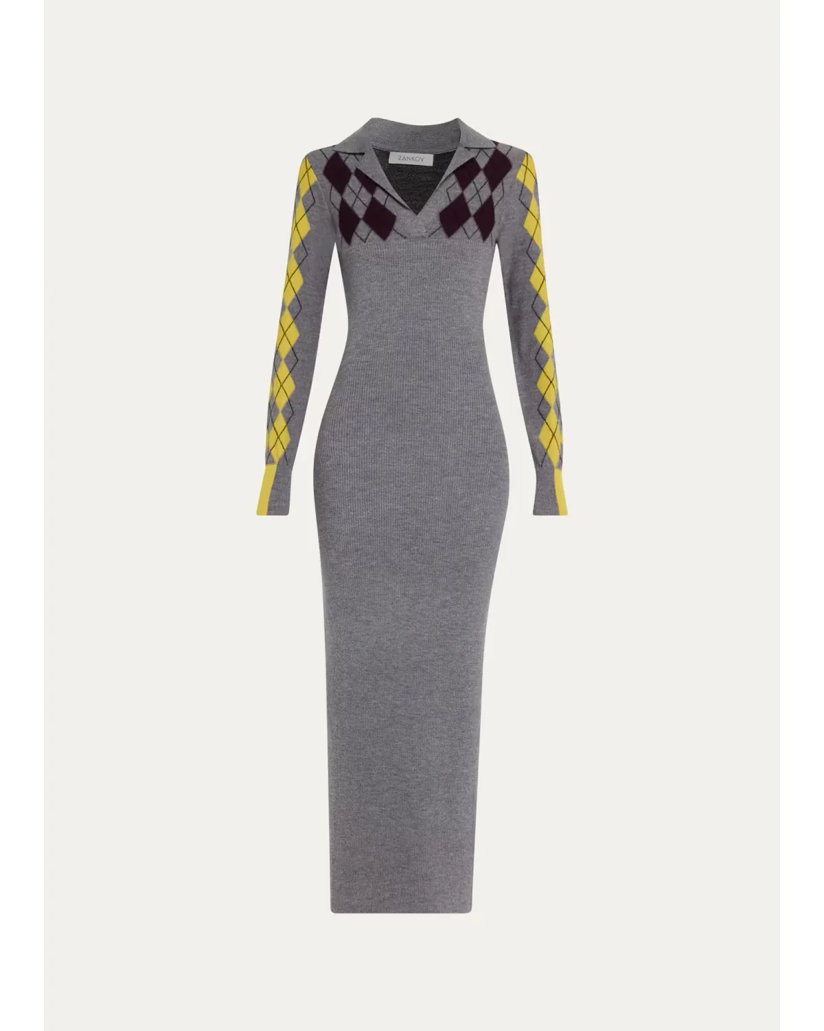 Raisa Reverse Argyle Wool Knit Empire Maxi Polo Dress by ZANKOV