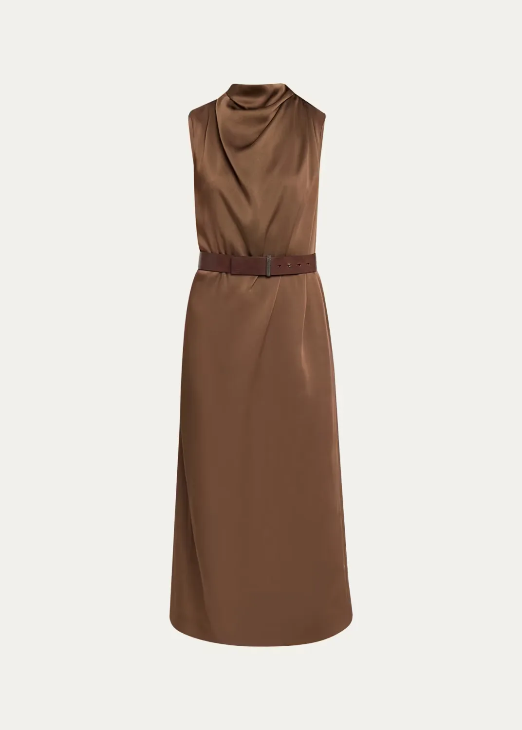 Cowl-Neck Fluid Satin Cady Sleeveless Belted Midi Dress