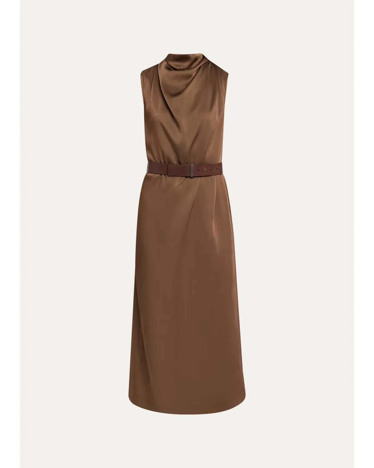 Cowl-Neck Fluid Satin Cady Sleeveless Belted Midi Dress
