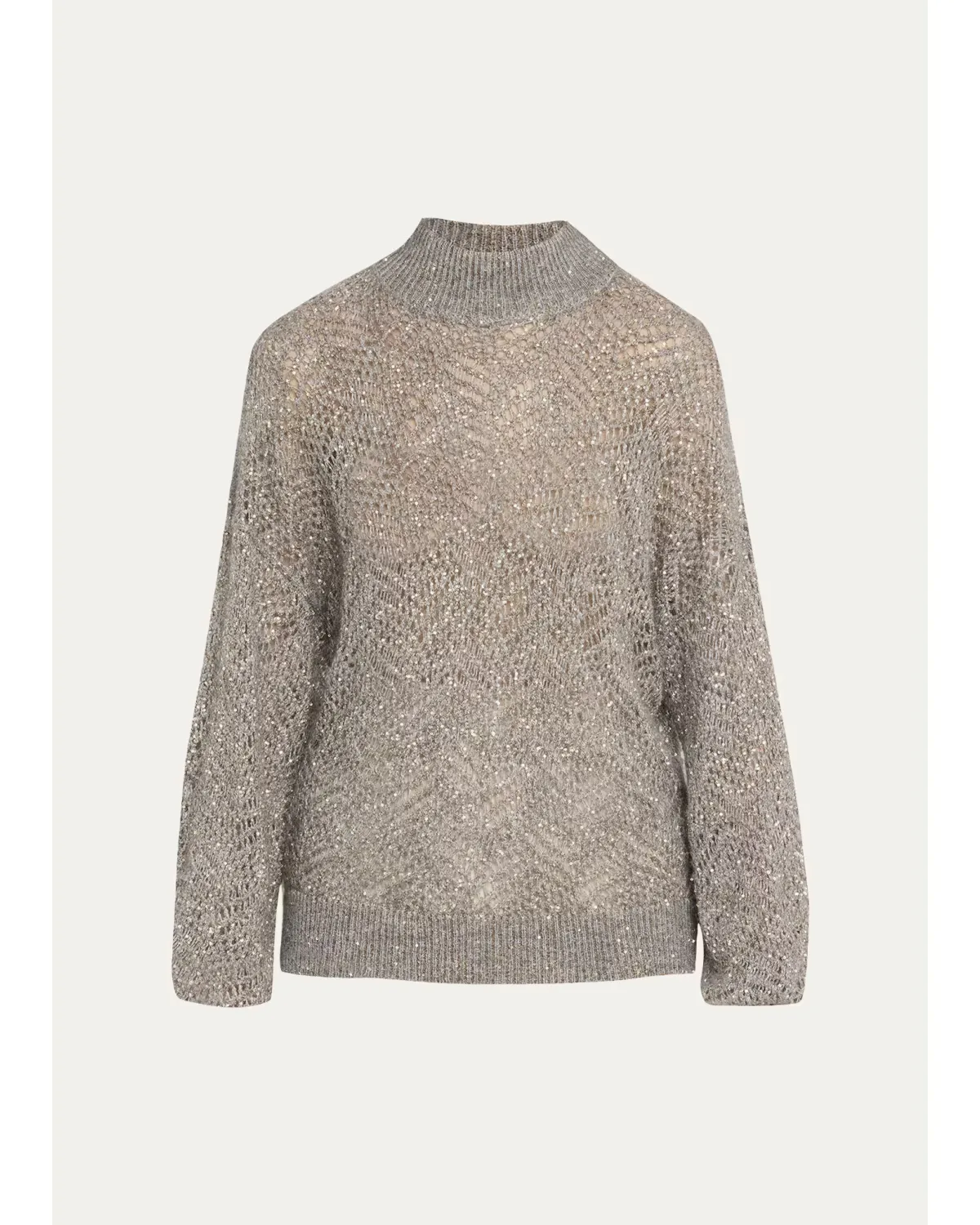 Airy Shimmer Open-Knit Mock Neck Sweater by Brunello Cucinelli