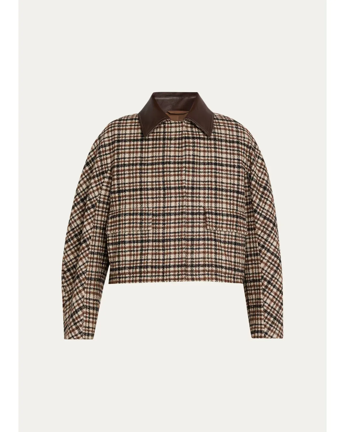 Leather-Collar Check Boxy Car Coat by Brunello Cucinelli