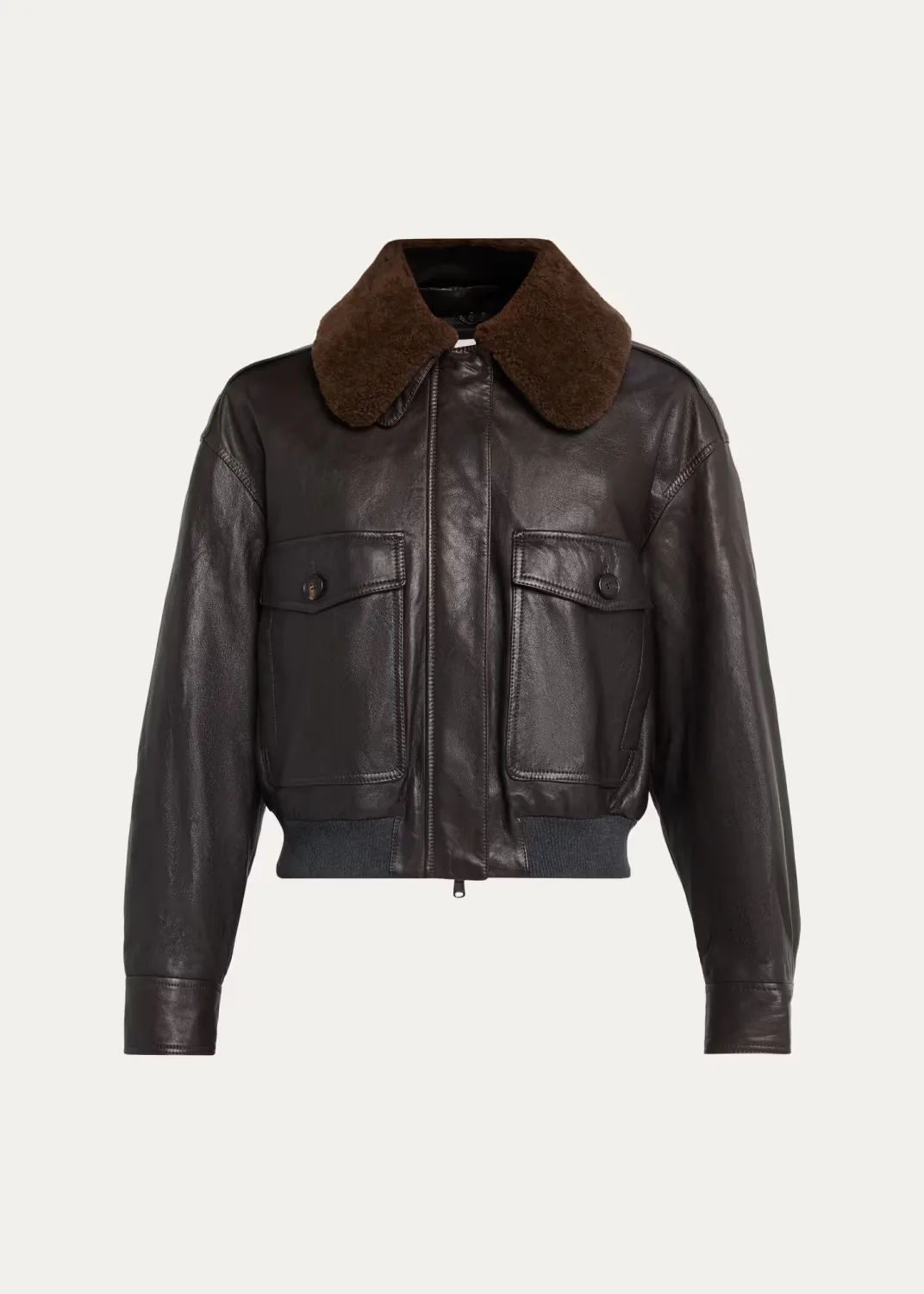 Waxed Leather Aviator Jacket with Lamb Shearling Collar