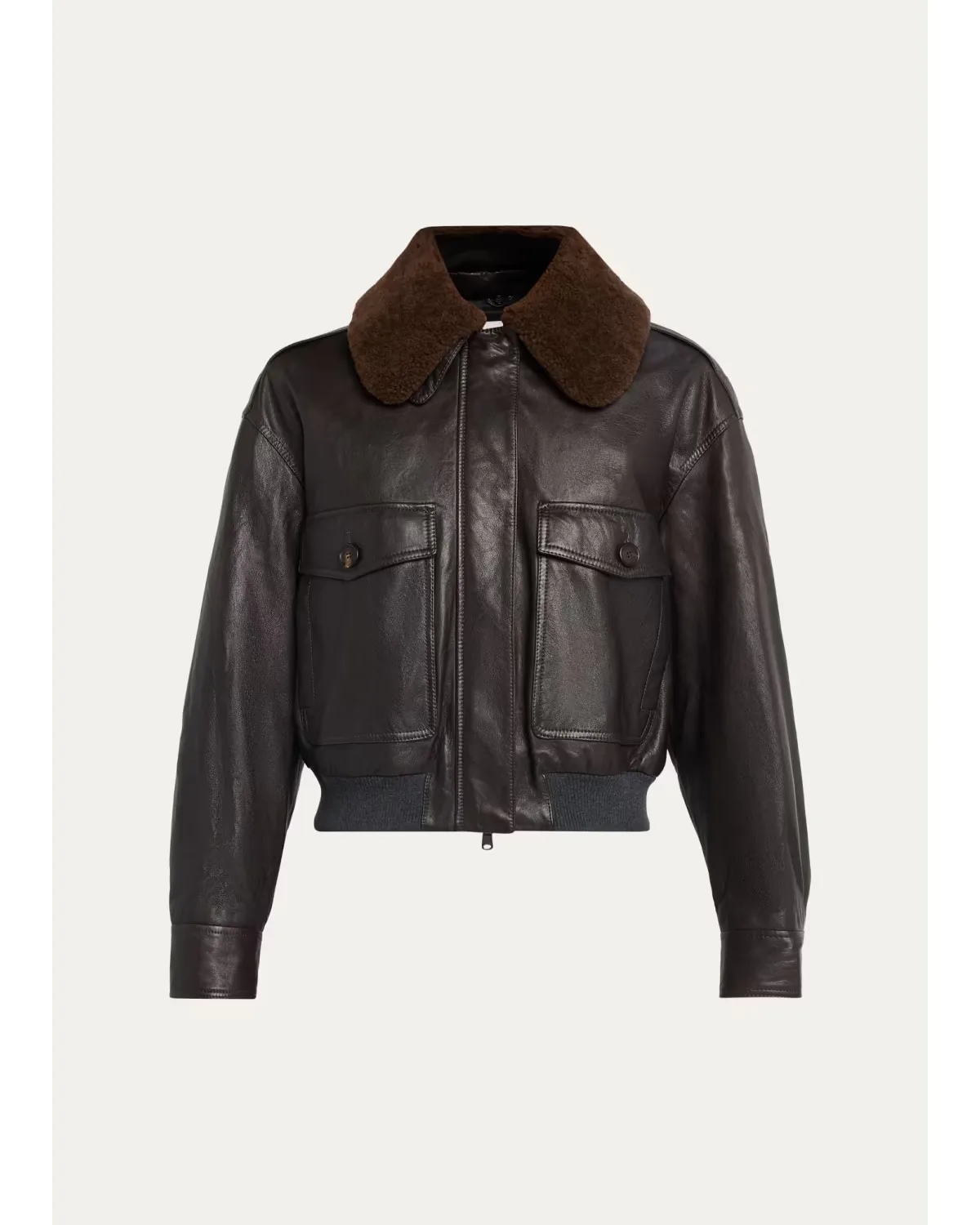 Waxed Leather Aviator Jacket with Lamb Shearling Collar by Brunello Cucinelli