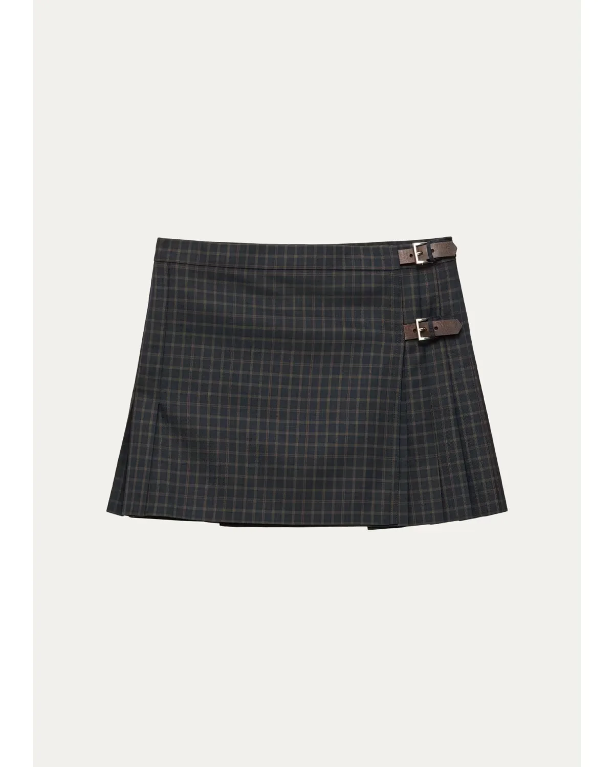 Check Pleated Buckle Wrap Mini Skirt by Prada