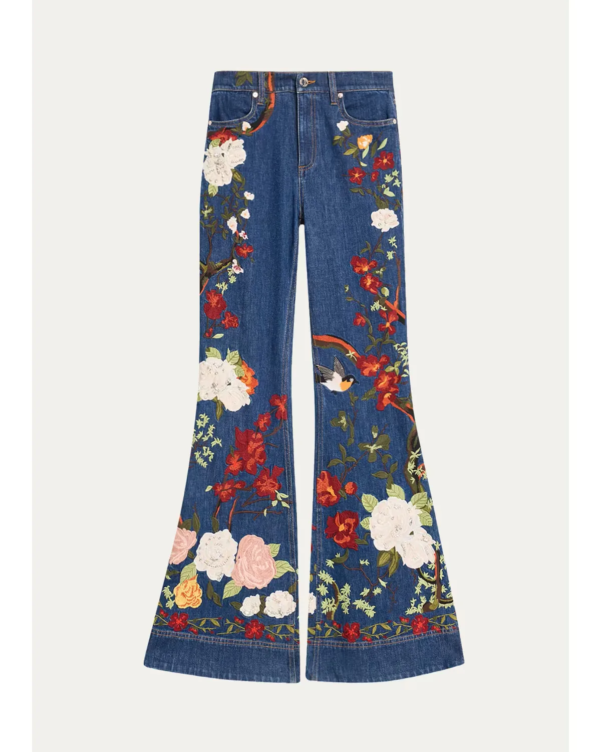 Beautiful Embroidered High-Rise Bell Bottom Jeans by Alice + Olivia