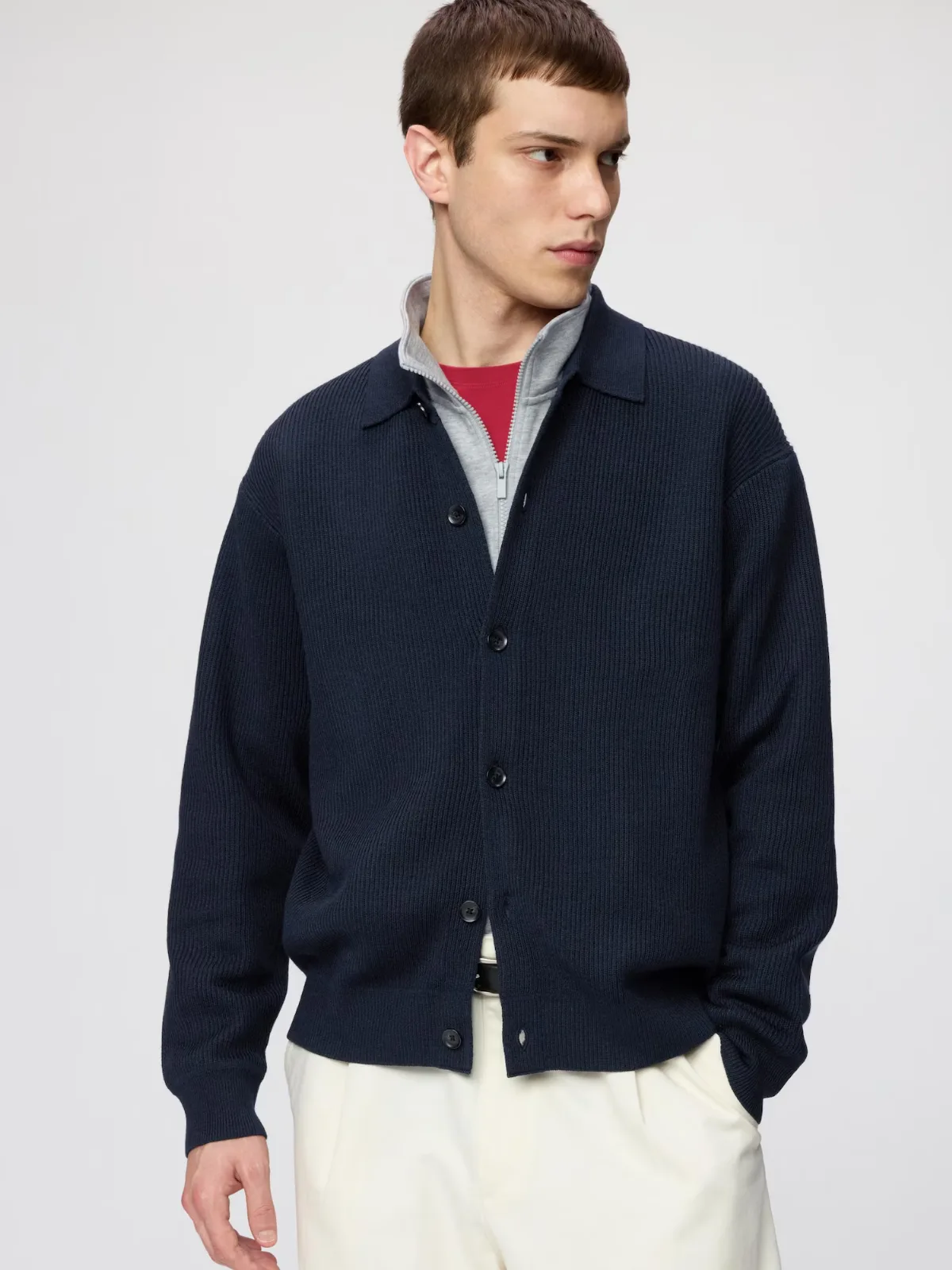 Merino Blended Shirt Collar Cardigan
