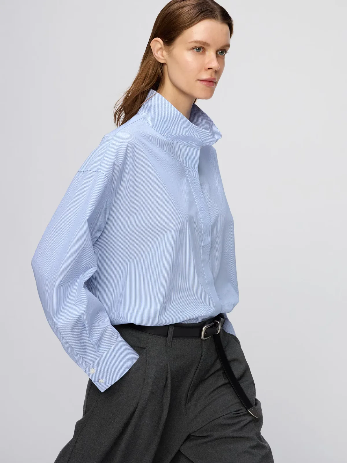 Cotton Stand Collar Shirt Stripe by Uniqlo
