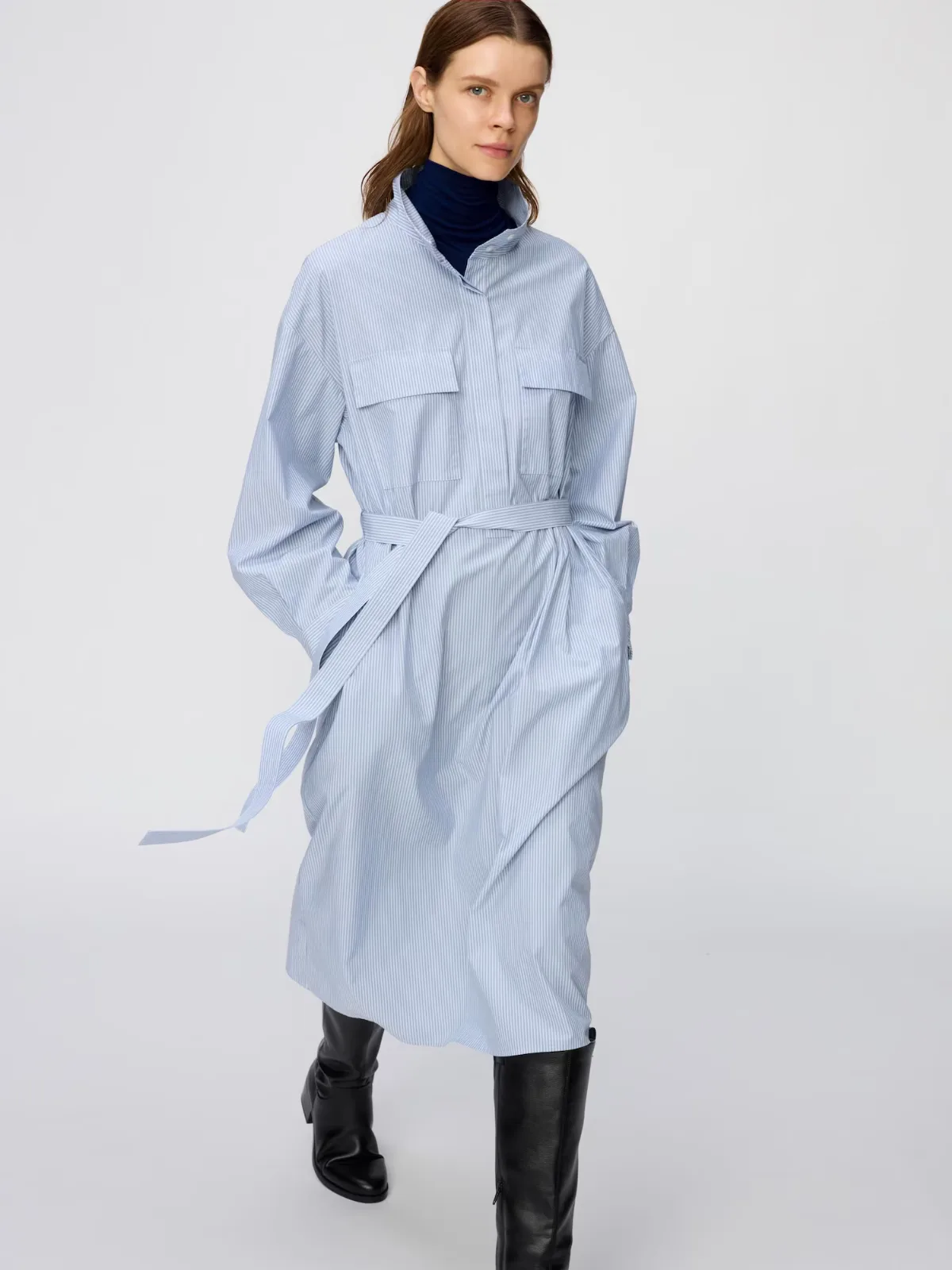 Cotton Stand Collar Dress Stripe