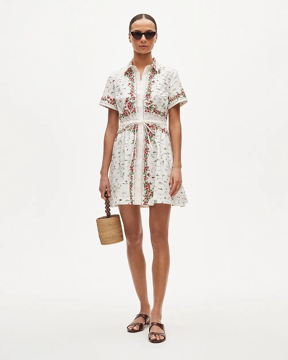 Cerise Mini Shirt-Dress in Map-Print Cotton Poplin