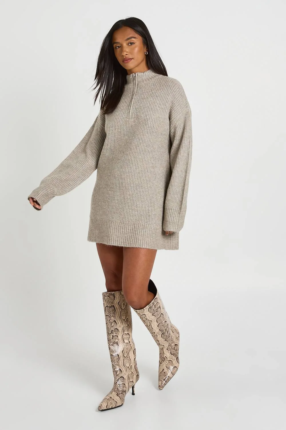 Soft Knit Oversized Knitted Zip Neck Jumper Dress