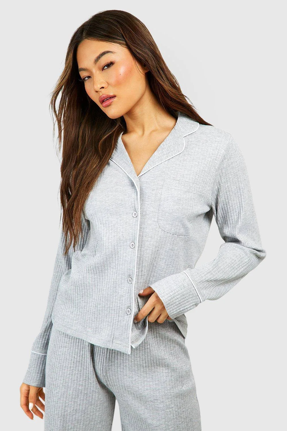 Loungewear Rib Piping Detail Long Sleeve Shirt by boohoo