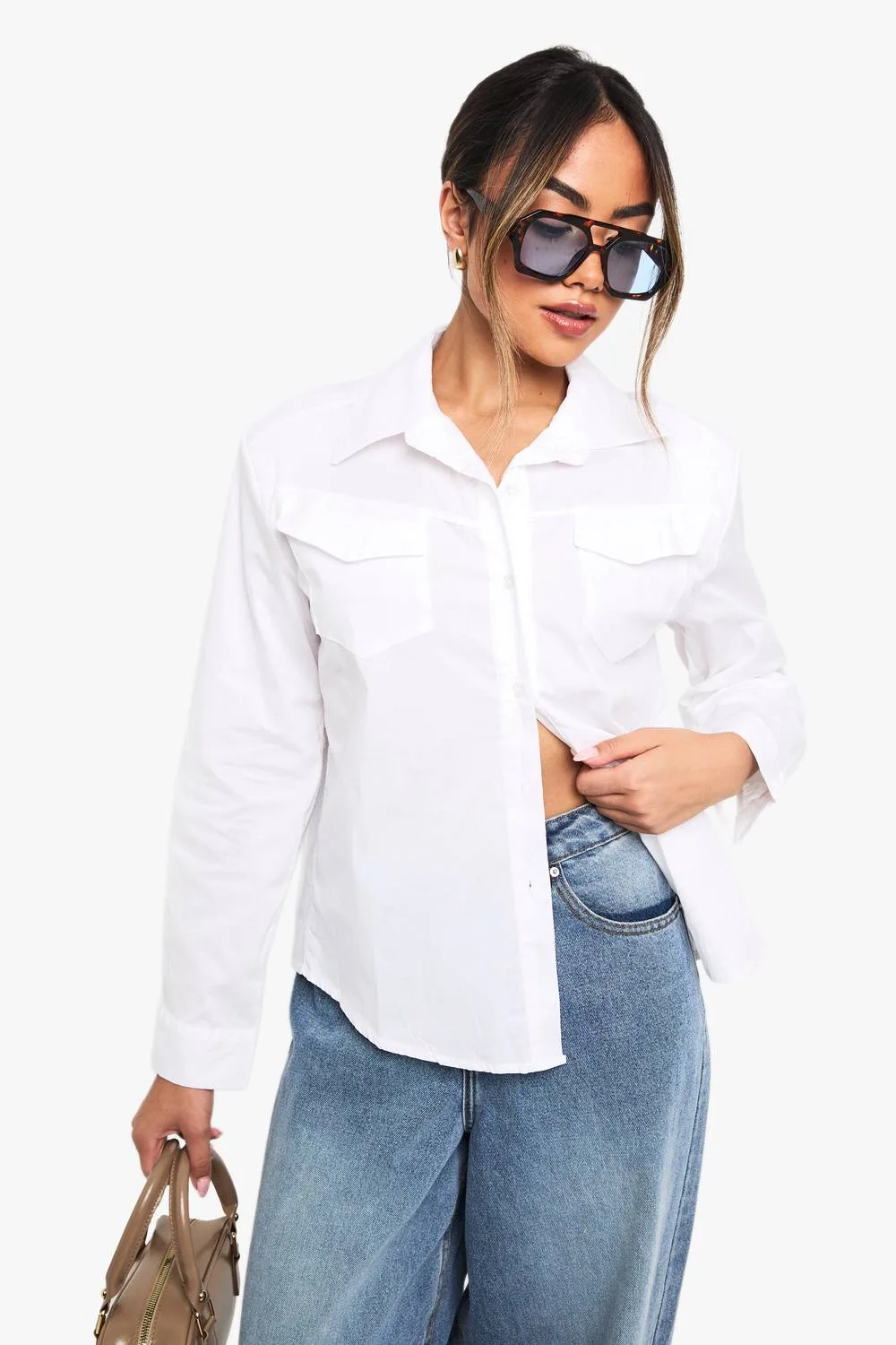 Western Style Shoulder Pad Shirt in Cotton by boohoo