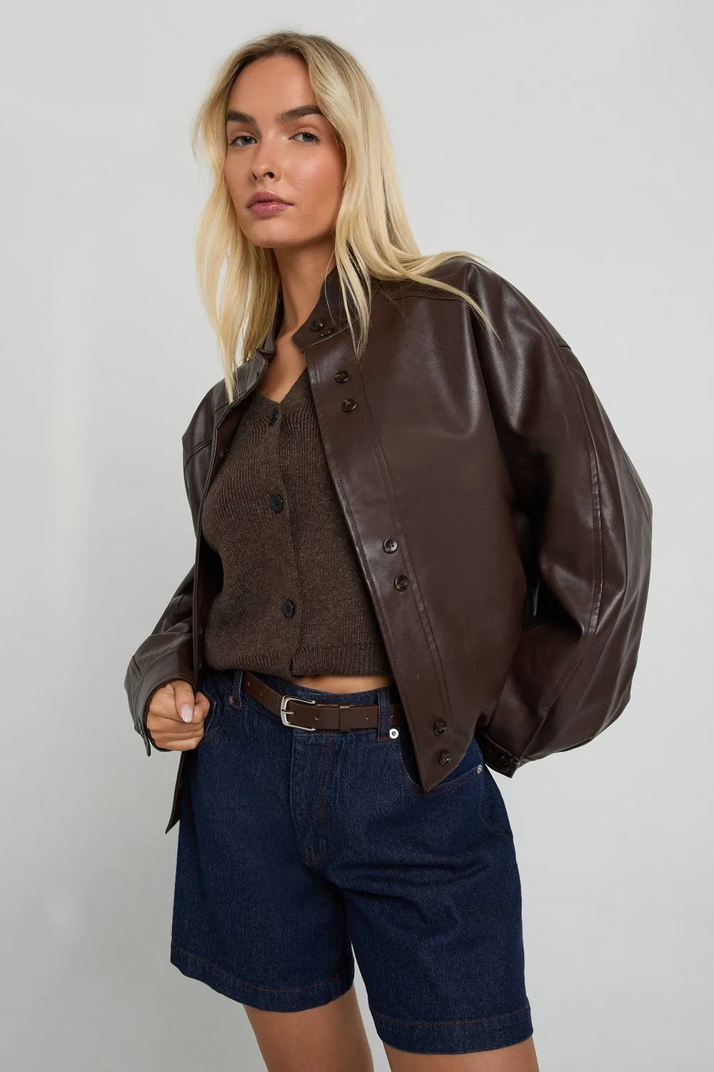 Bubble Hem Faux Leather Bomber Jacket by boohoo
