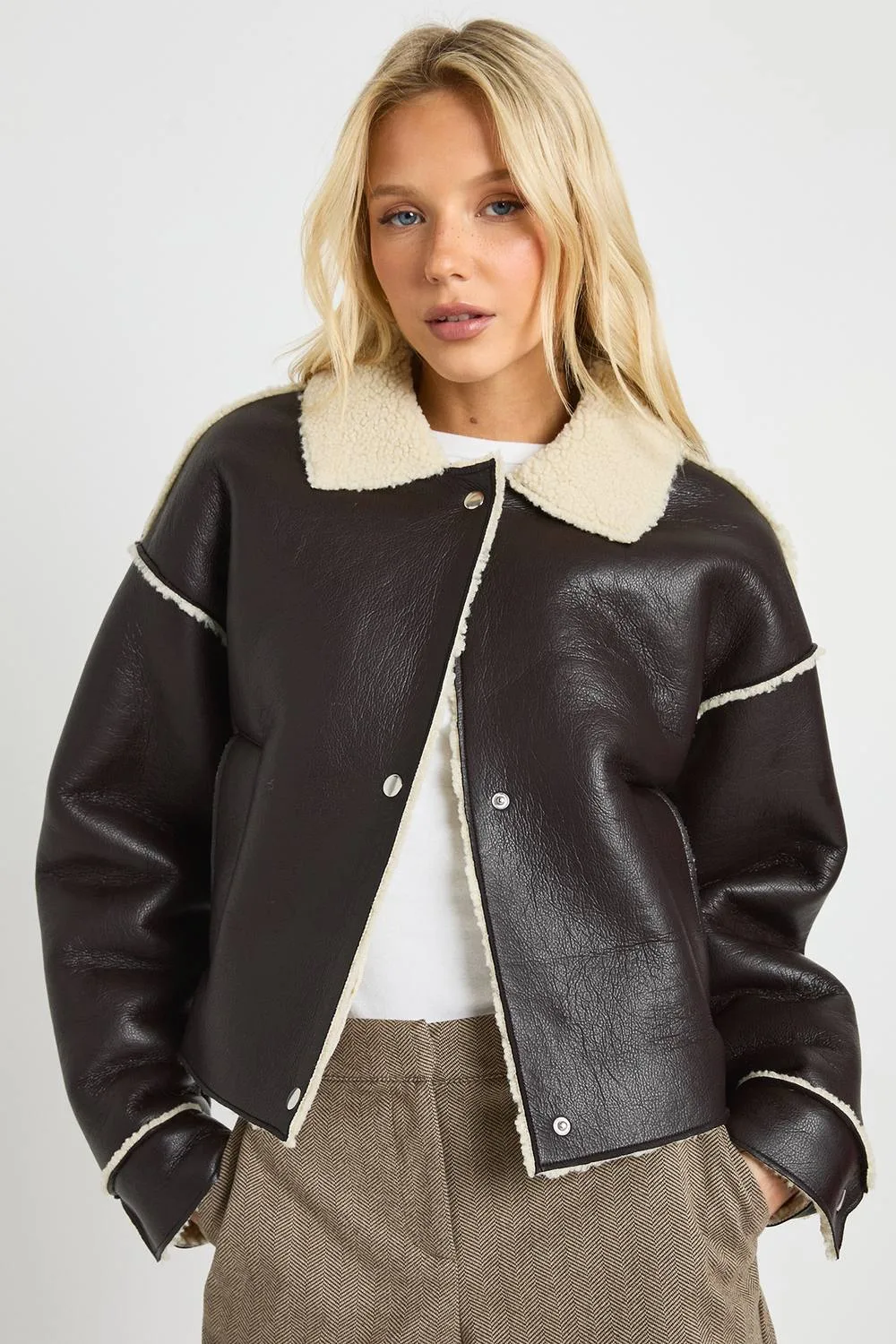 Borg Lined Collared Aviator Jacket by boohoo