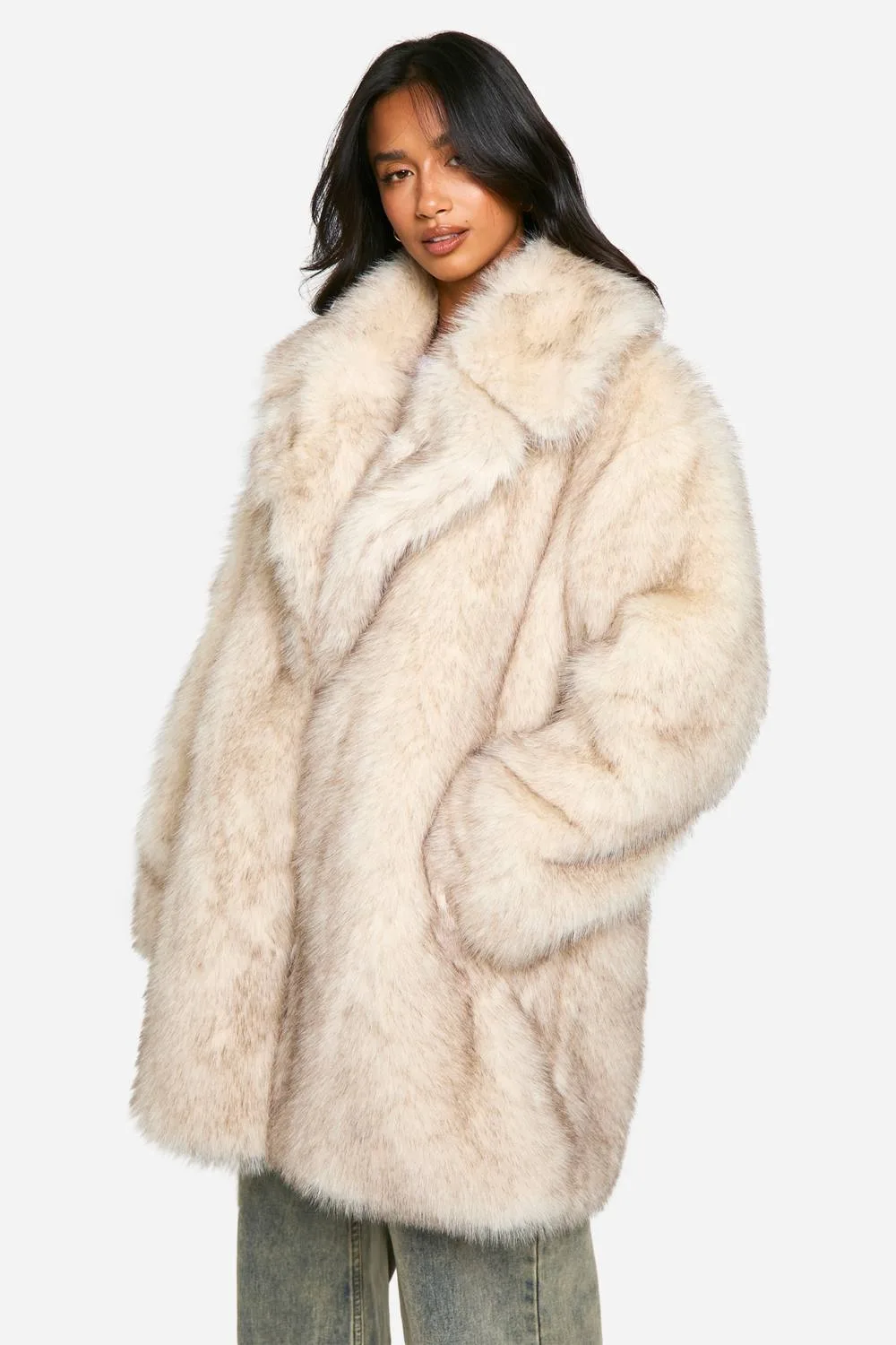 Longline Vintage Look Faux Fur Coat - Stone by boohoo