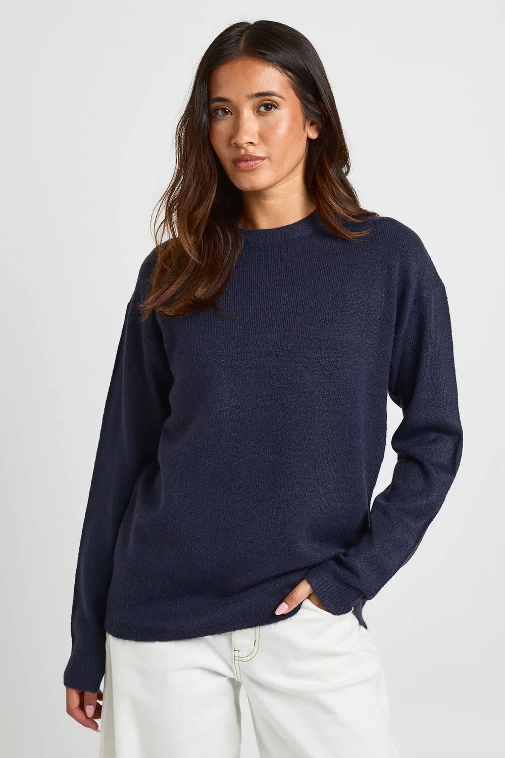 Knitted Longline Crew Neck Jumper by boohoo