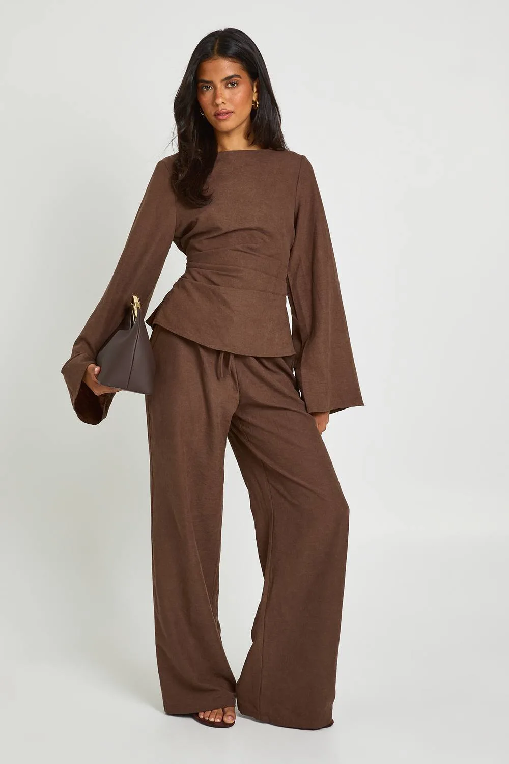 Peached Ruched Flare Sleeve Trouser Co-Ord
