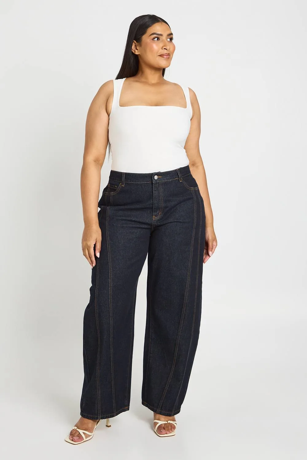 High Waist Seam Detail Barrel Jean by boohoo