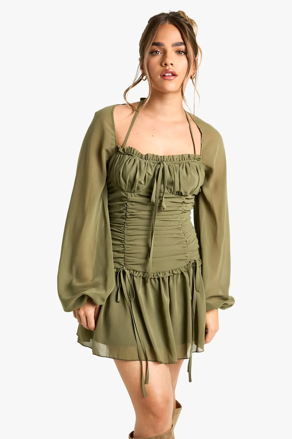 Chiffon Ruched Milkmaid Skater Dress by boohoo