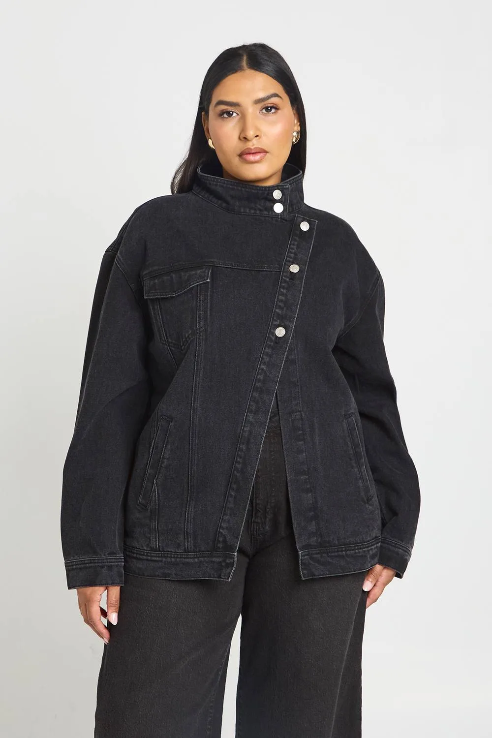 Funnel Neck Asymmetric Denim Jacket by boohoo
