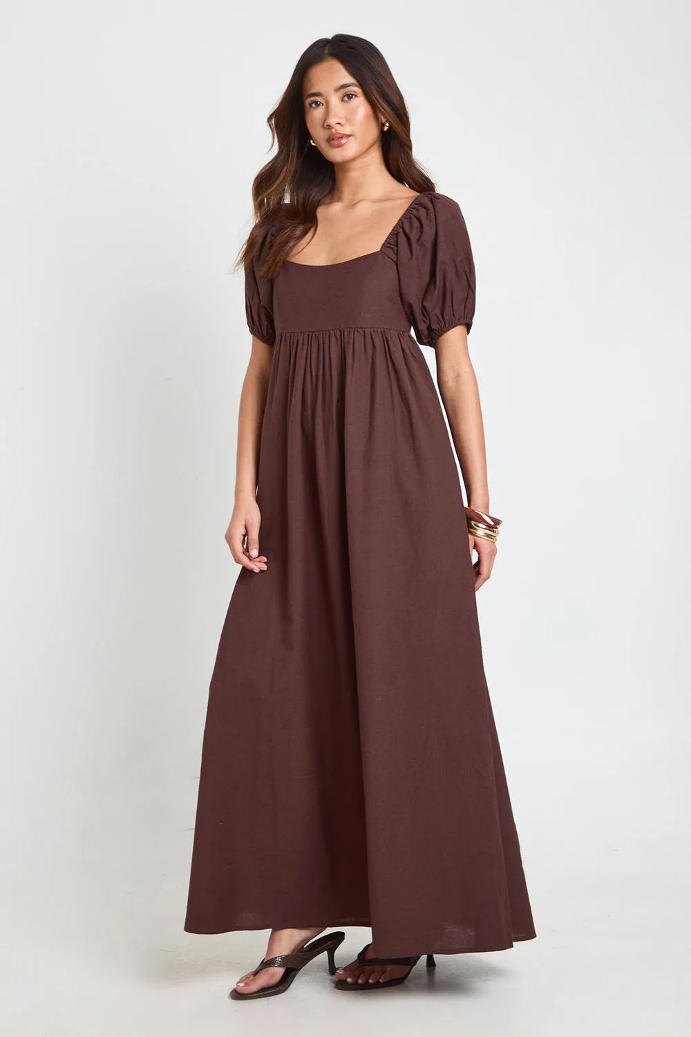 Linen Puff Sleeve Shirred Maxi Dress by boohoo