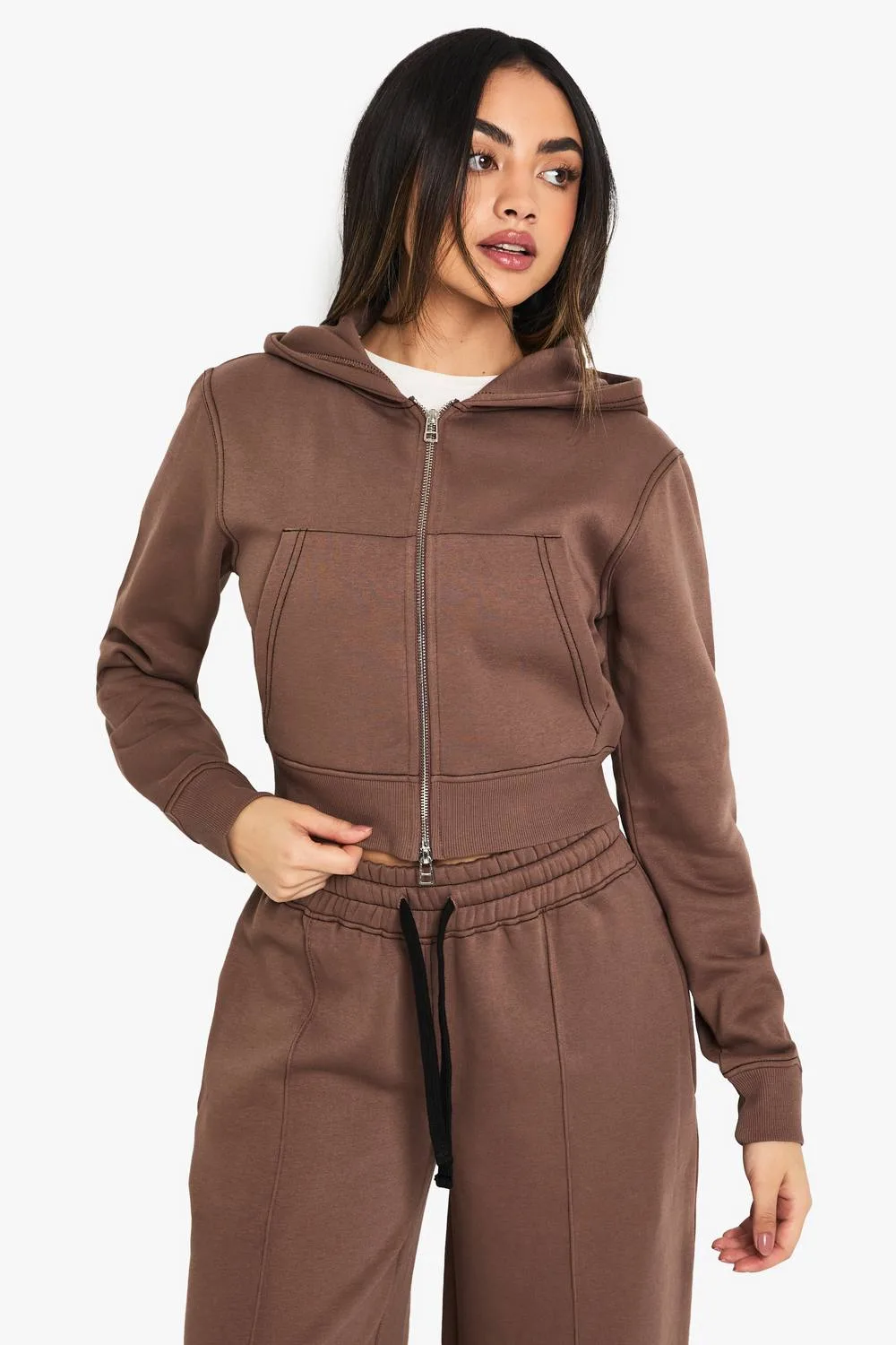 Contrast Stitch Shrunken Zip Through Hoodie