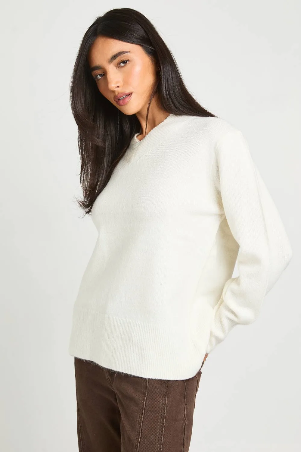 Soft Knit V Neck Jumper by boohoo