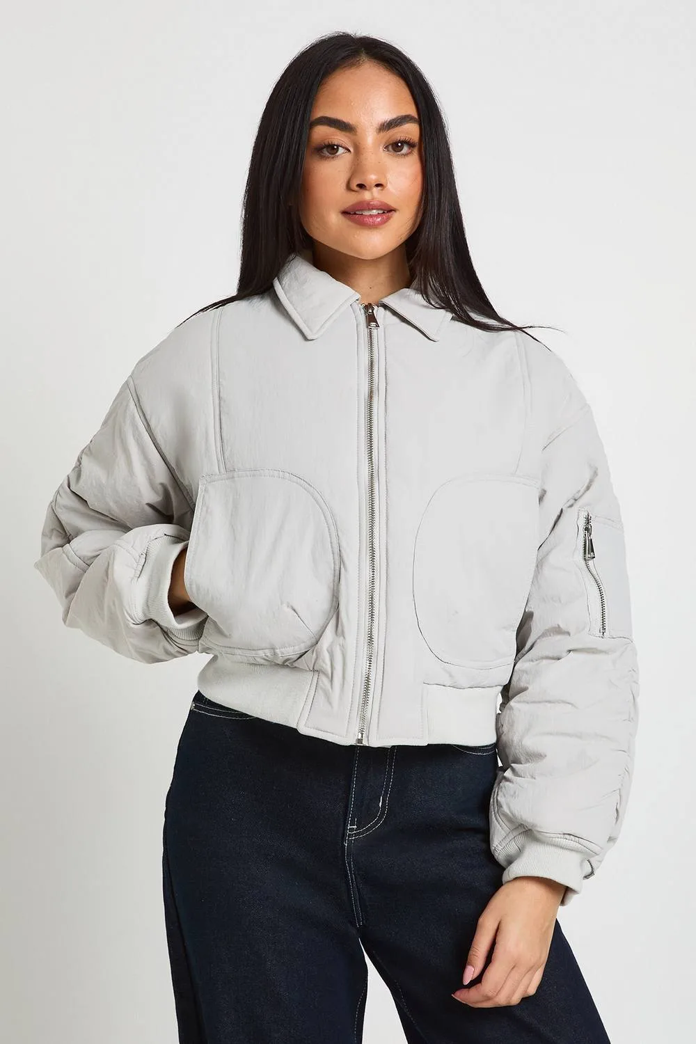 Ruched Sleeve Bomber Jacket by boohoo